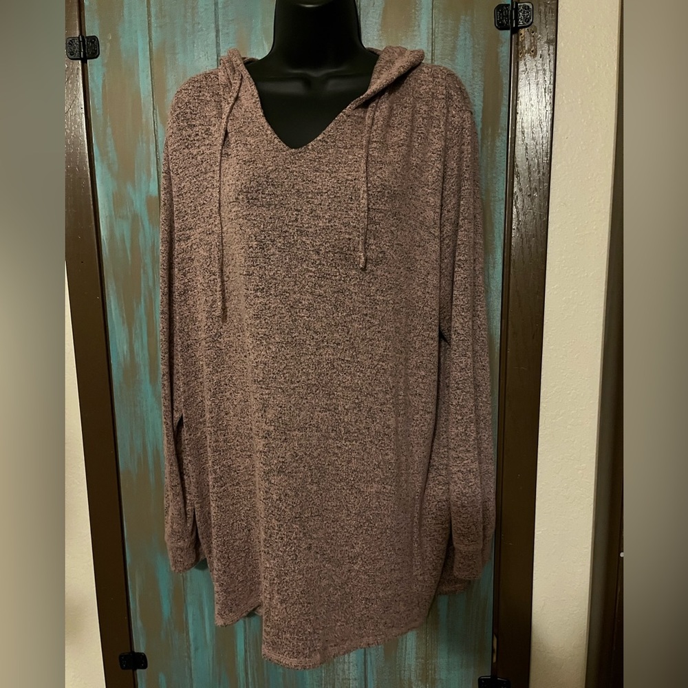 Lightweight knit hoodie. Heathered pink top.